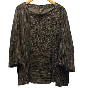Ali Miles Womens Tunic Blouse Mixed Abstract Brown Asymmetric Frog Button Top 2X